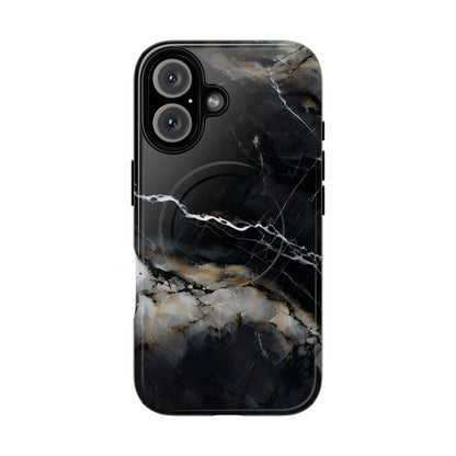 Obsidian Vein black marble iPhone 16 MagSafe case featuring dark stone textures with dramatic gold and white vein accents.