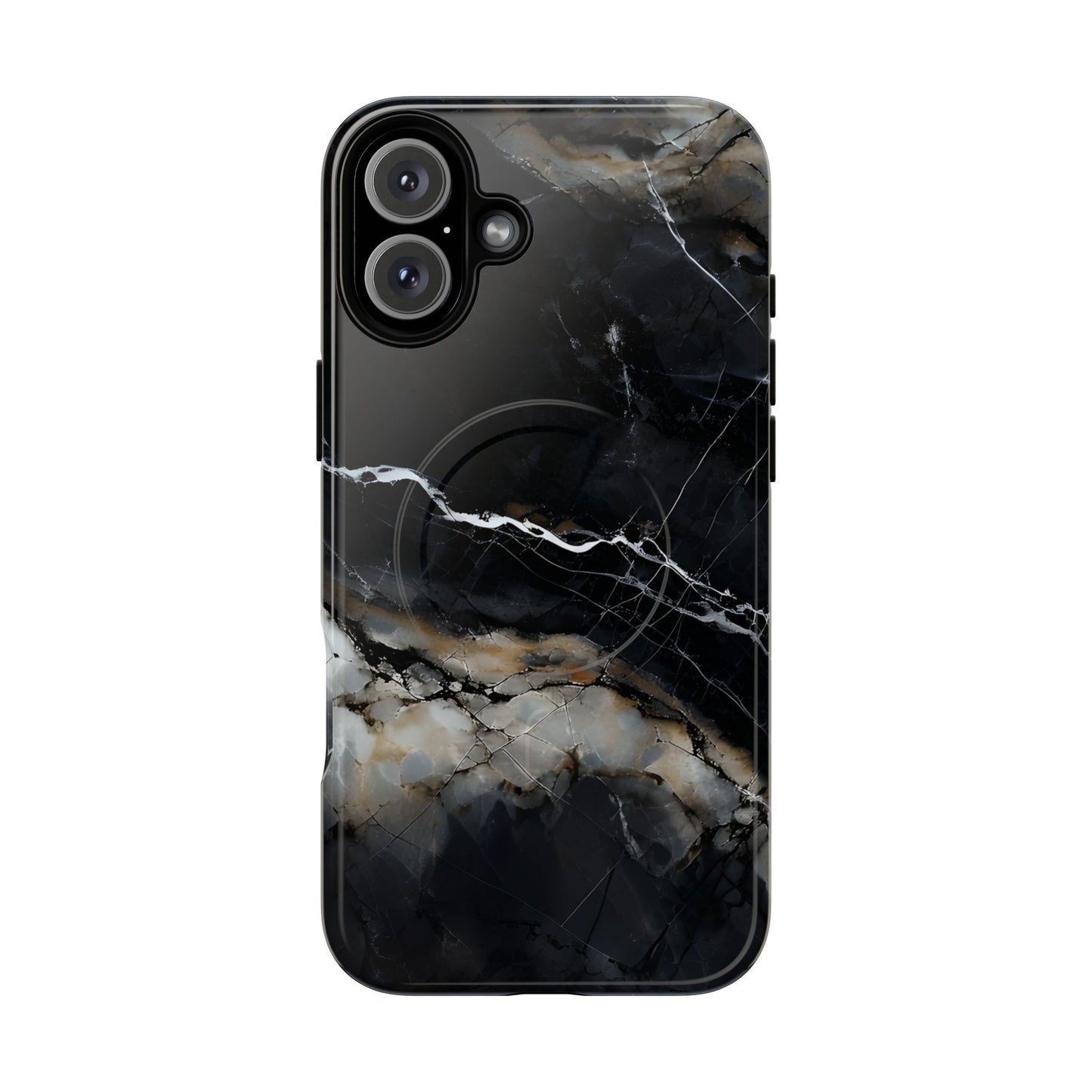 Obsidian Vein black marble iPhone 16 Plus MagSafe case featuring dark stone textures with dramatic gold and white vein accents.
