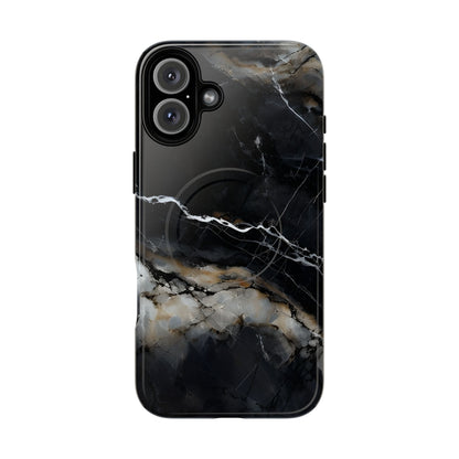 Obsidian Vein black marble iPhone 16 Plus MagSafe case featuring dark stone textures with dramatic gold and white vein accents.