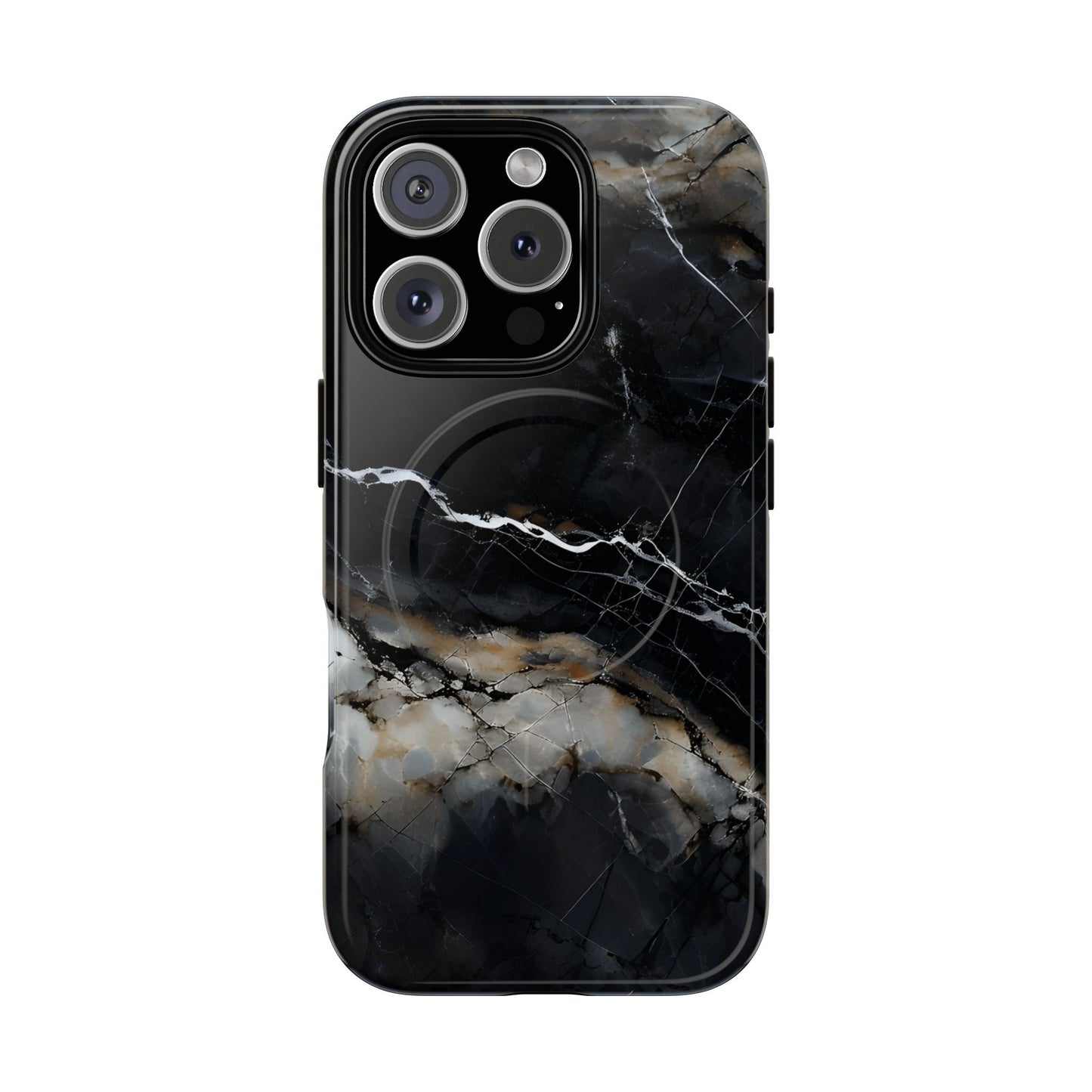 Obsidian Vein black marble iPhone 16 Pro MagSafe case featuring dark stone textures with dramatic gold and white vein accents.