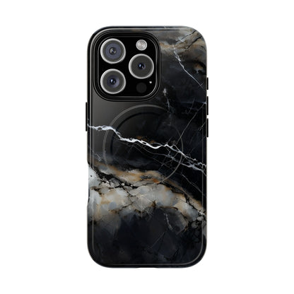 Obsidian Vein black marble iPhone 16 Pro MagSafe case featuring dark stone textures with dramatic gold and white vein accents.