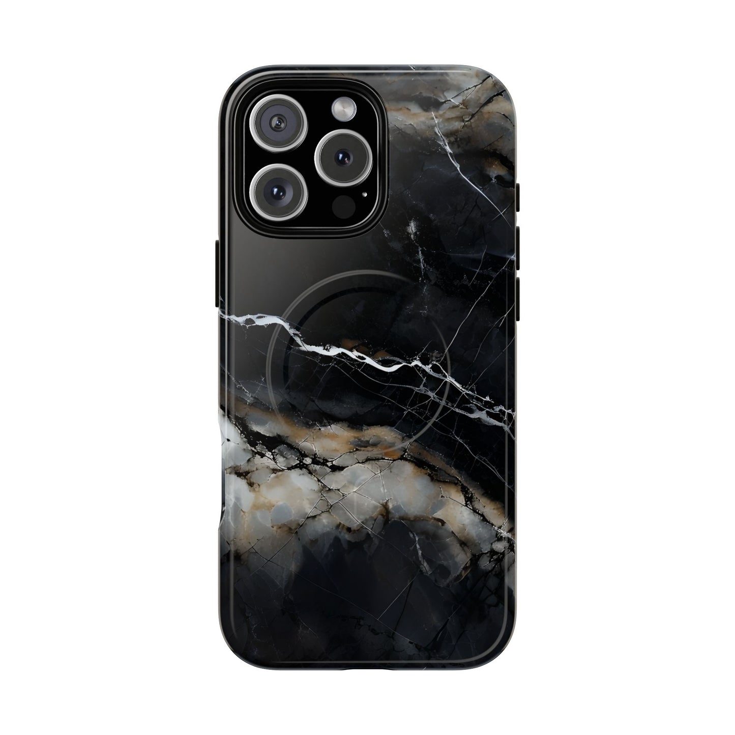 Obsidian Vein black marble iPhone 16 Pro Max MagSafe case featuring dark stone textures with dramatic gold and white vein accents.