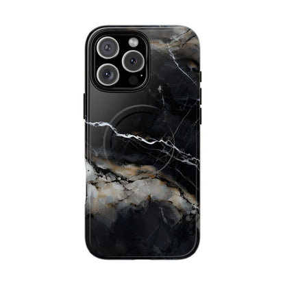 Obsidian Vein black marble iPhone 16 Pro Max MagSafe case featuring dark stone textures with dramatic gold and white vein accents.