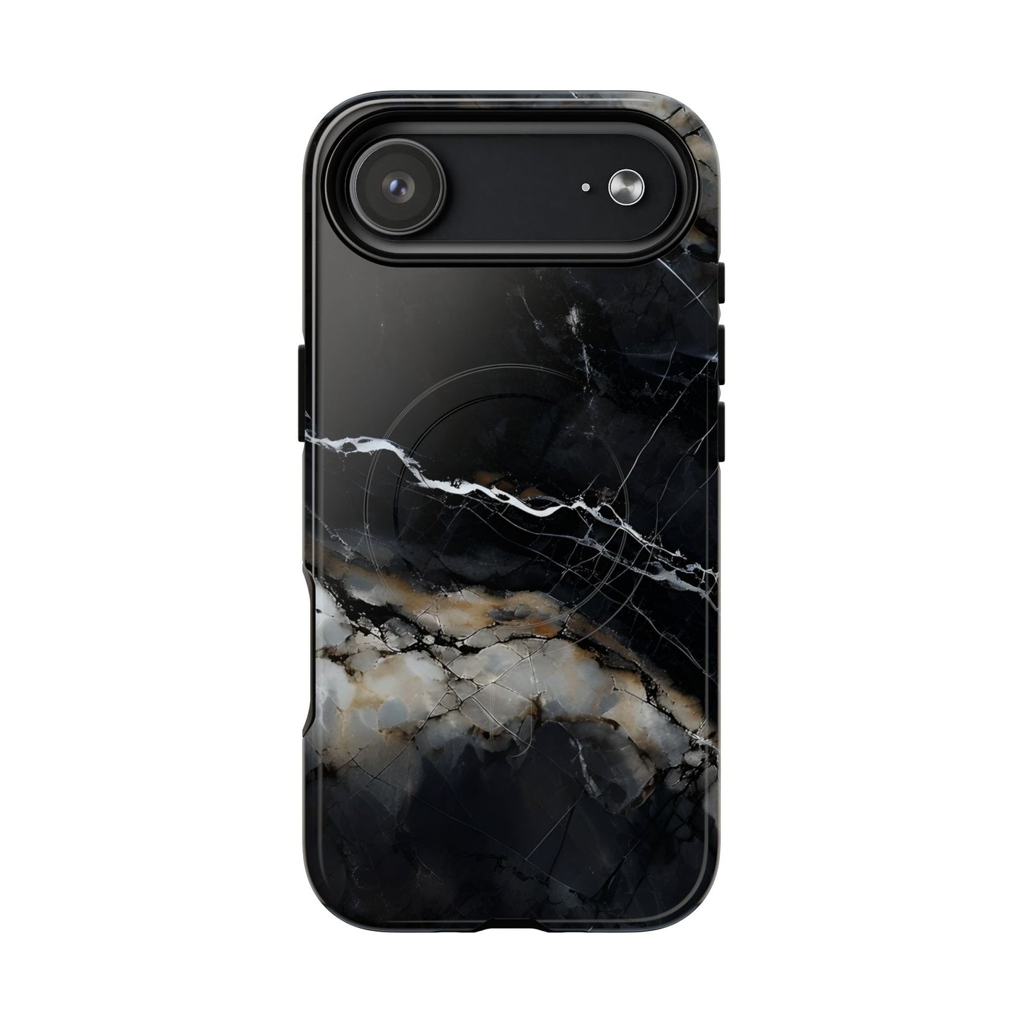 Obsidian Vein black marble iPhone 17 Air MagSafe case featuring dark stone textures with dramatic gold and white vein accents.