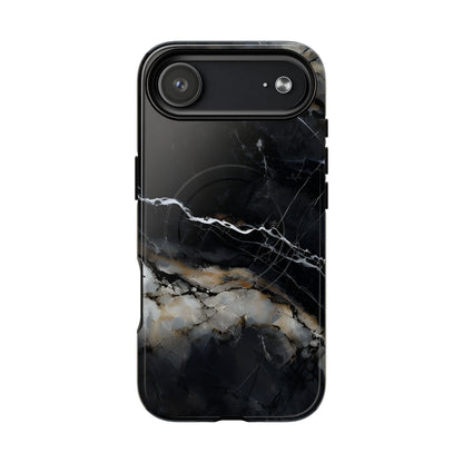 Obsidian Vein black marble iPhone 17 Air MagSafe case featuring dark stone textures with dramatic gold and white vein accents.