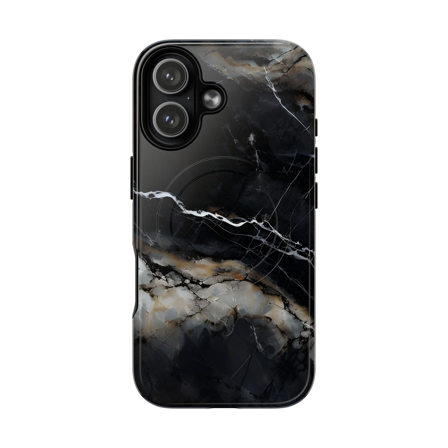 Obsidian Vein black marble iPhone 17 MagSafe case featuring dark stone textures with dramatic gold and white vein accents.