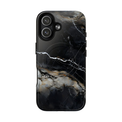 Obsidian Vein black marble iPhone 17 MagSafe case featuring dark stone textures with dramatic gold and white vein accents.