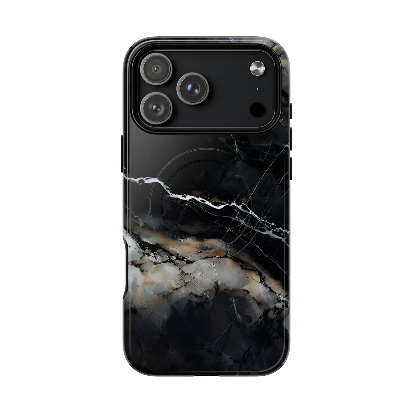 Obsidian Vein black marble iPhone 17 Pro Max MagSafe case featuring dark stone textures with dramatic gold and white vein accents.