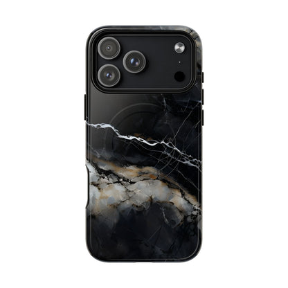 Obsidian Vein black marble iPhone 17 Pro Max MagSafe case featuring dark stone textures with dramatic gold and white vein accents.