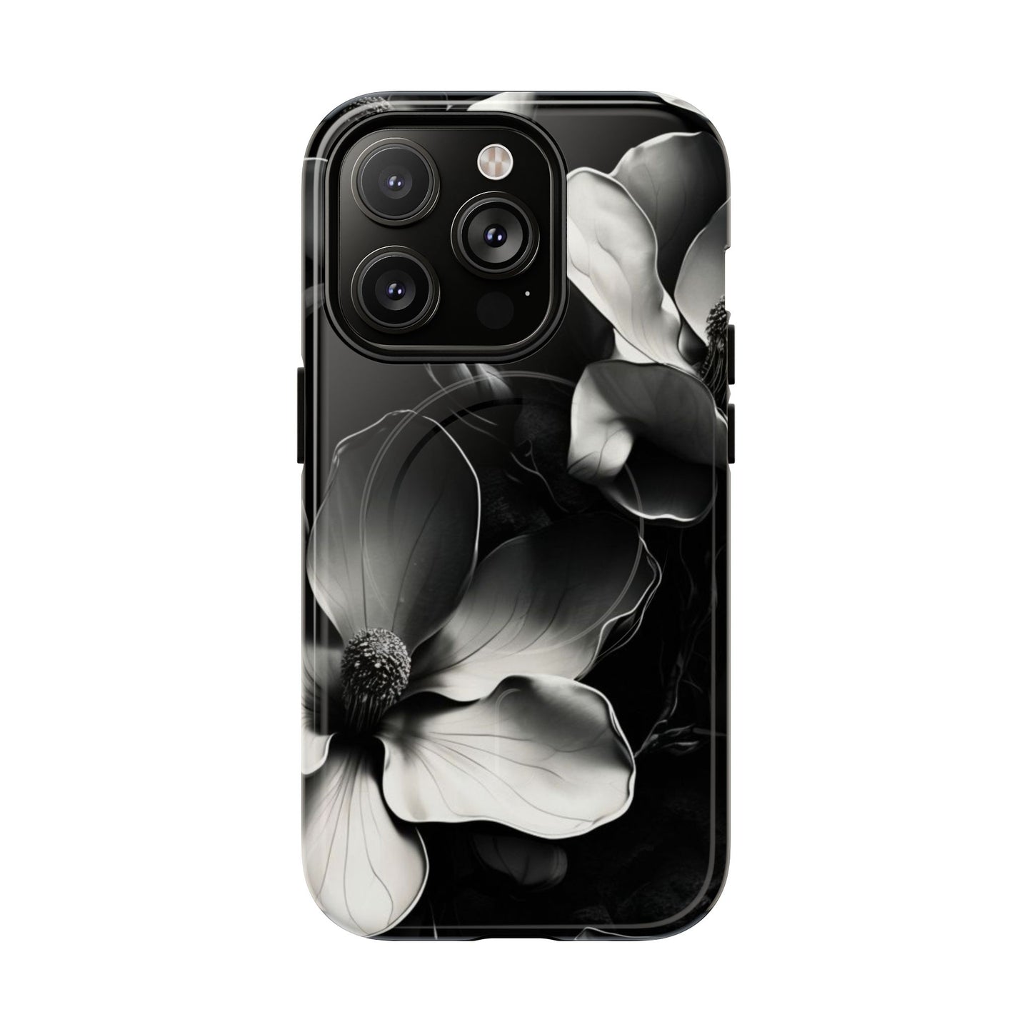 Monochrome Magnolia black and white floral iPhone 14 Pro MagSafe case featuring elegant magnolia blossoms on a dramatic dark background.