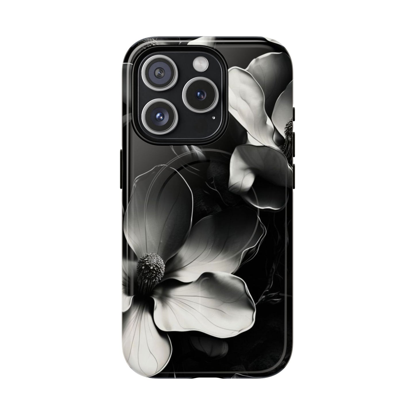 Monochrome Magnolia black and white floral iPhone 15 Pro MagSafe case featuring elegant magnolia blossoms on a dramatic dark background.
