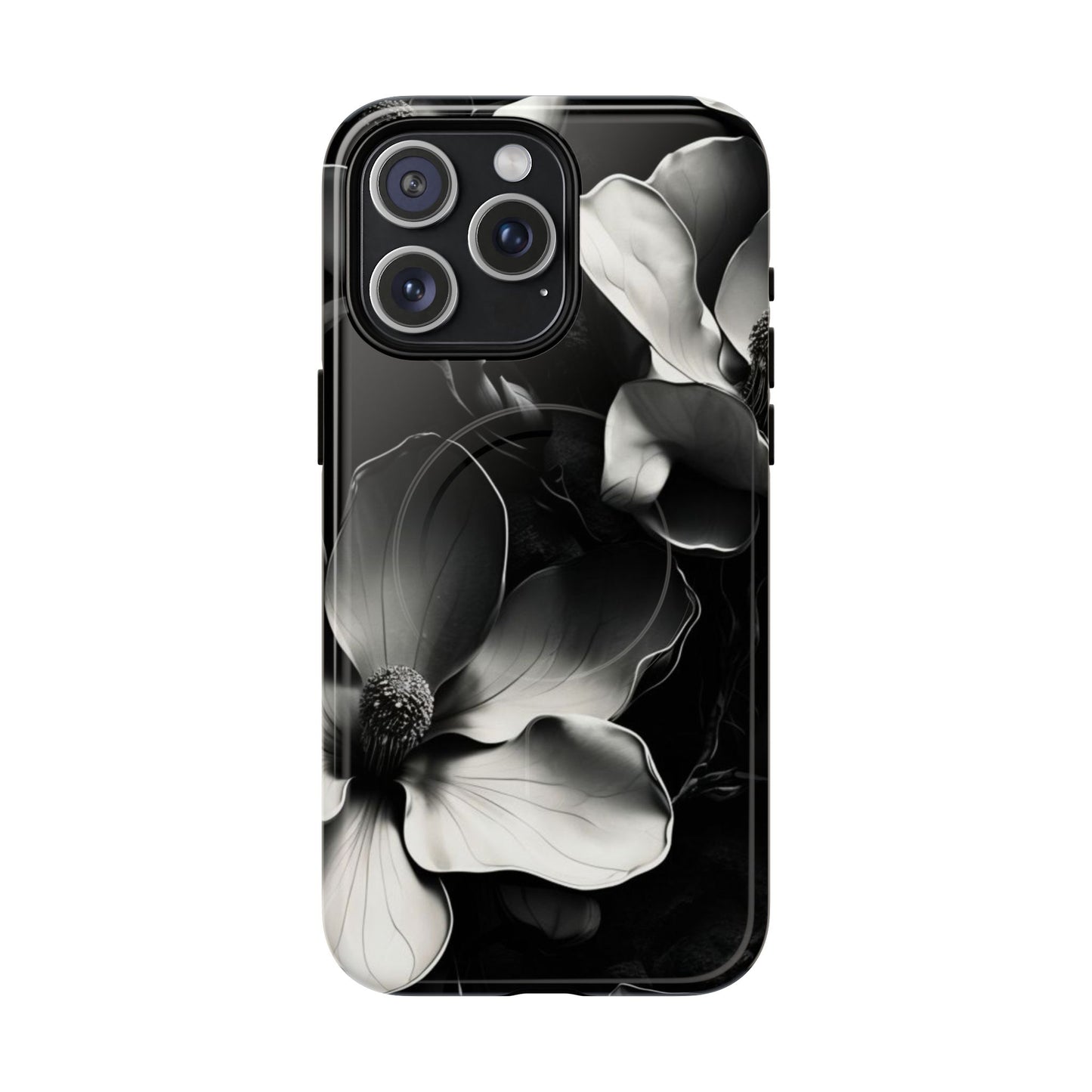 Monochrome Magnolia black and white floral iPhone 15 Pro Max MagSafe case featuring elegant magnolia blossoms on a dramatic dark background.