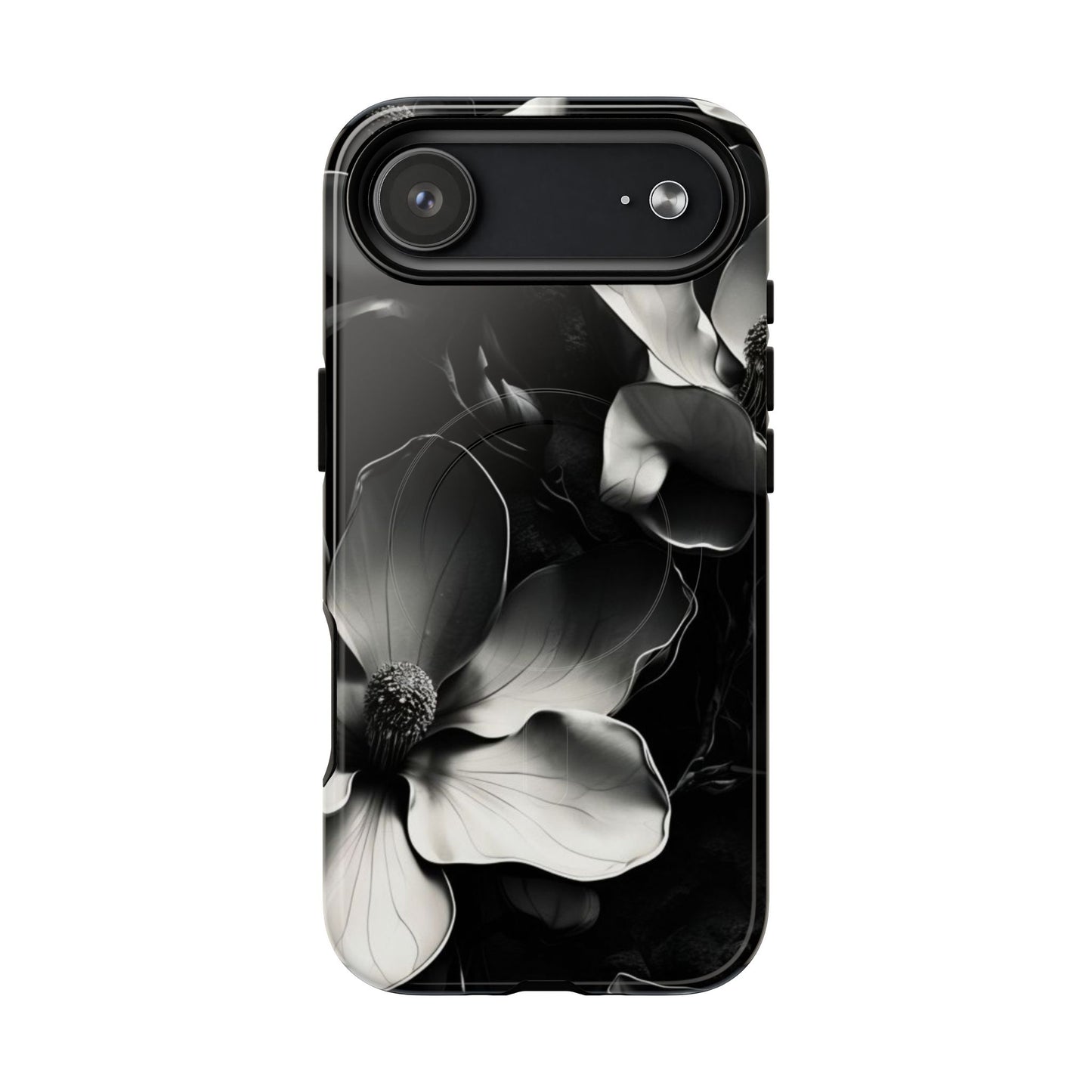 Monochrome Magnolia black and white floral iPhone 17 Air MagSafe case featuring elegant magnolia blossoms on a dramatic dark background.