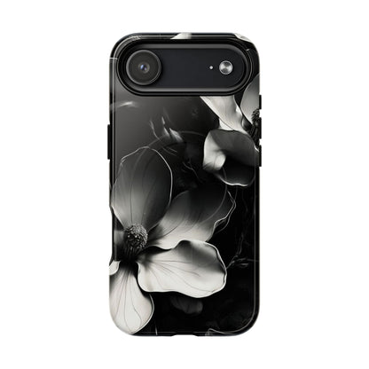 Monochrome Magnolia black and white floral iPhone 17 Air MagSafe case featuring elegant magnolia blossoms on a dramatic dark background.