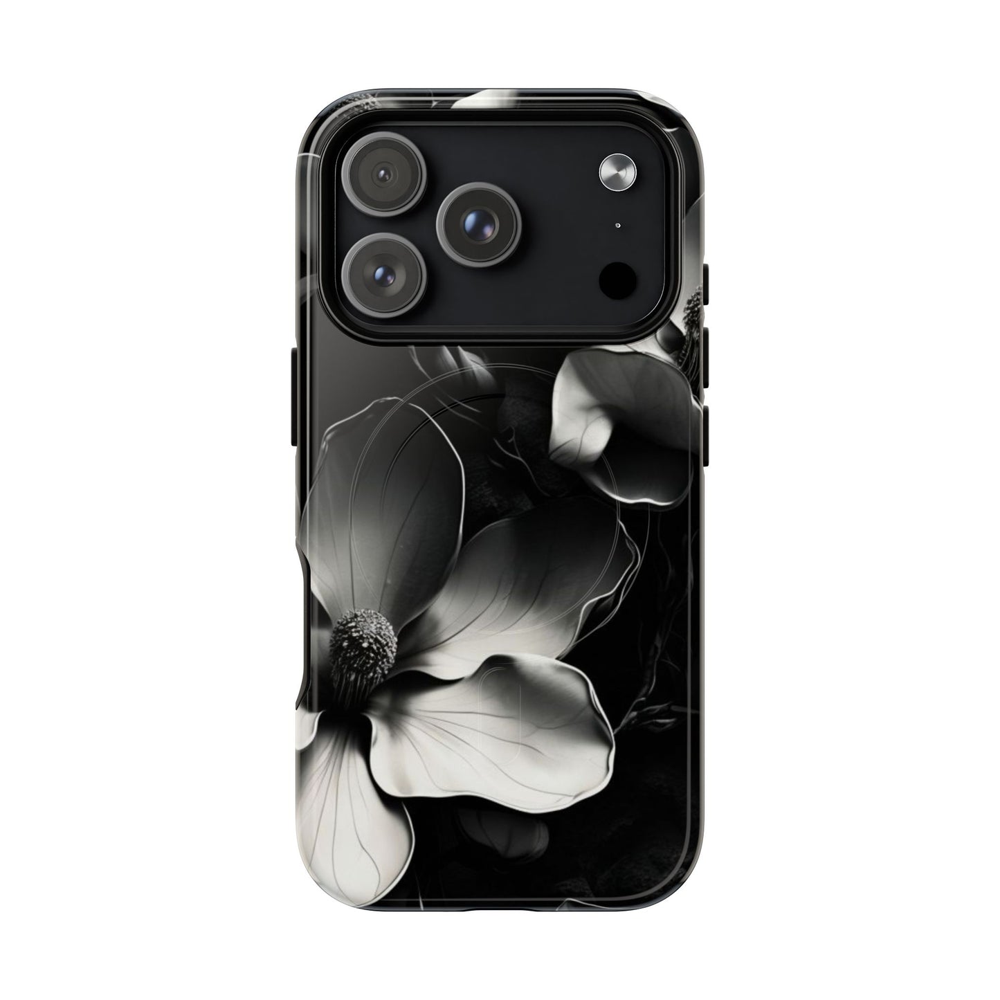 Monochrome Magnolia black and white floral iPhone 17 Pro MagSafe case featuring elegant magnolia blossoms on a dramatic dark background.