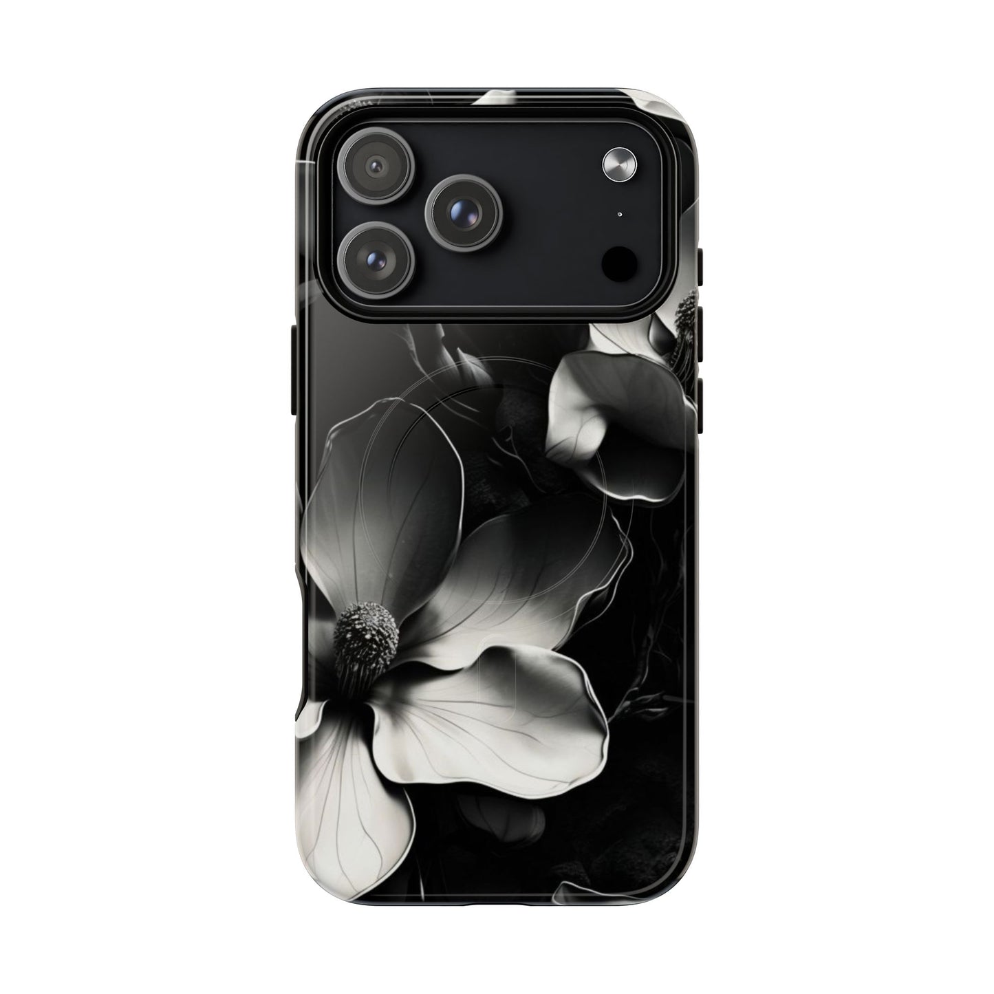 Monochrome Magnolia black and white floral iPhone 17 Pro Max MagSafe case featuring elegant magnolia blossoms on a dramatic dark background.