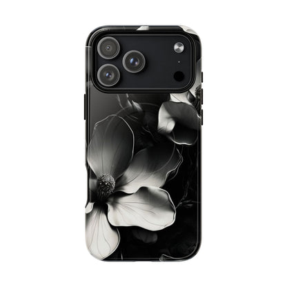 Monochrome Magnolia black and white floral iPhone 17 Pro Max MagSafe case featuring elegant magnolia blossoms on a dramatic dark background.