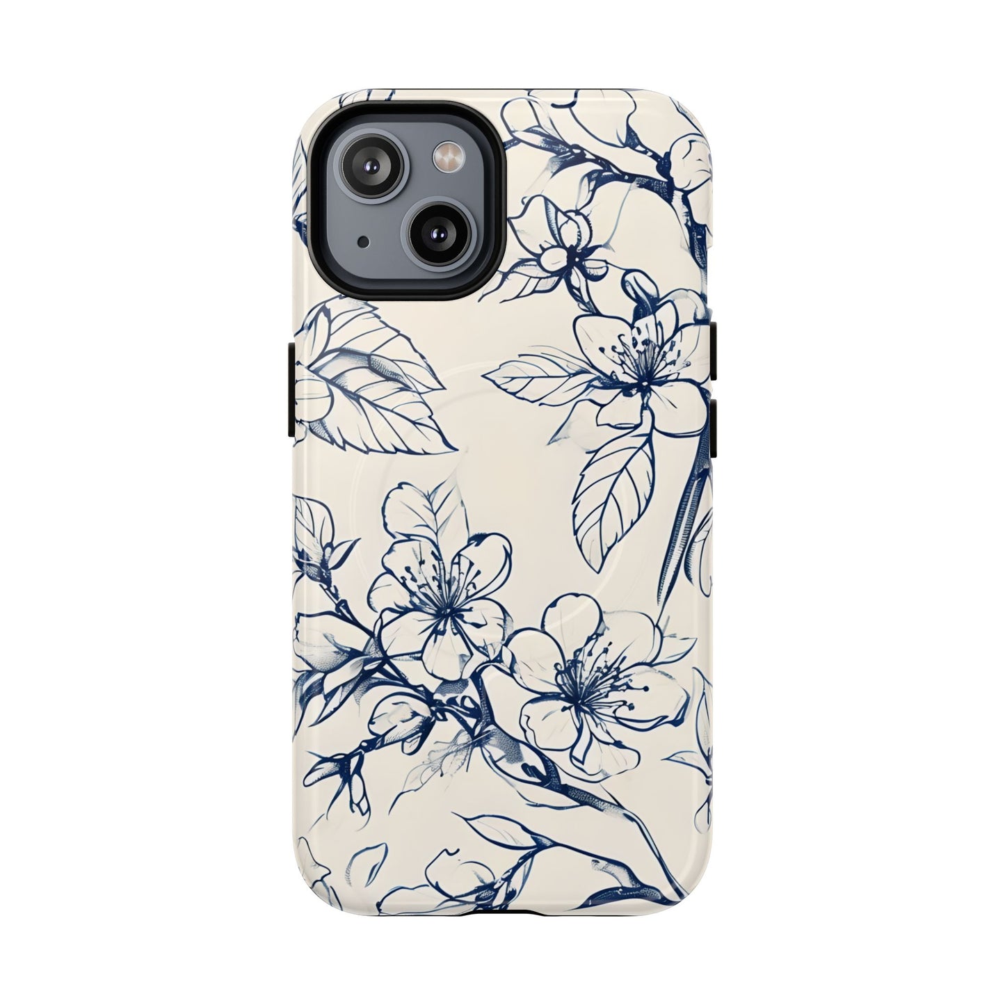 Blossom Sketch floral iPhone 14 MagSafe phone case with blue botanical line art flower design