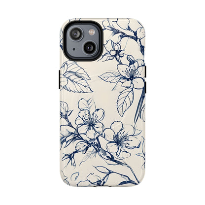 Blossom Sketch floral iPhone 14 MagSafe phone case with blue botanical line art flower design