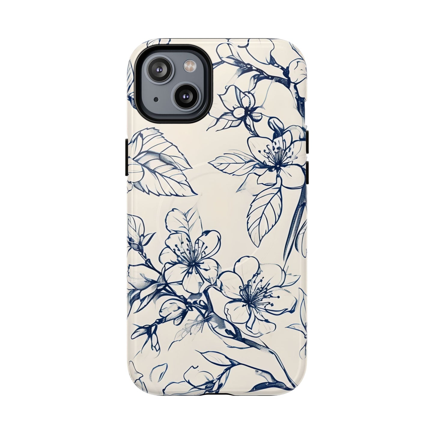 Blossom Sketch floral iPhone 14 Plus MagSafe phone case with blue botanical line art flower design