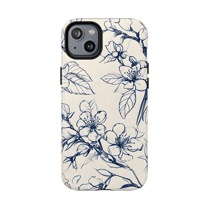 Blossom Sketch floral iPhone 14 Plus MagSafe phone case with blue botanical line art flower design
