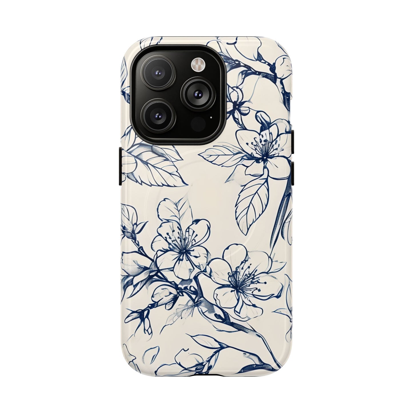 Blossom Sketch floral iPhone 14 Pro MagSafe phone case with blue botanical line art flower design