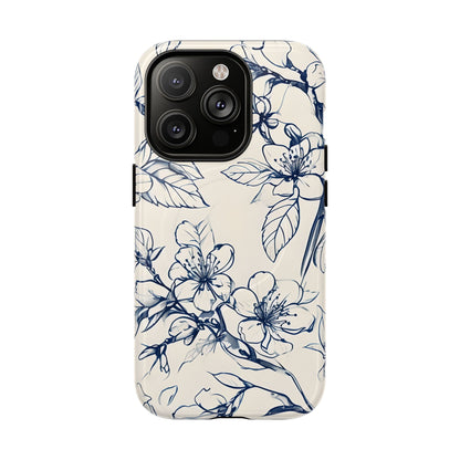 Blossom Sketch floral iPhone 14 Pro MagSafe phone case with blue botanical line art flower design