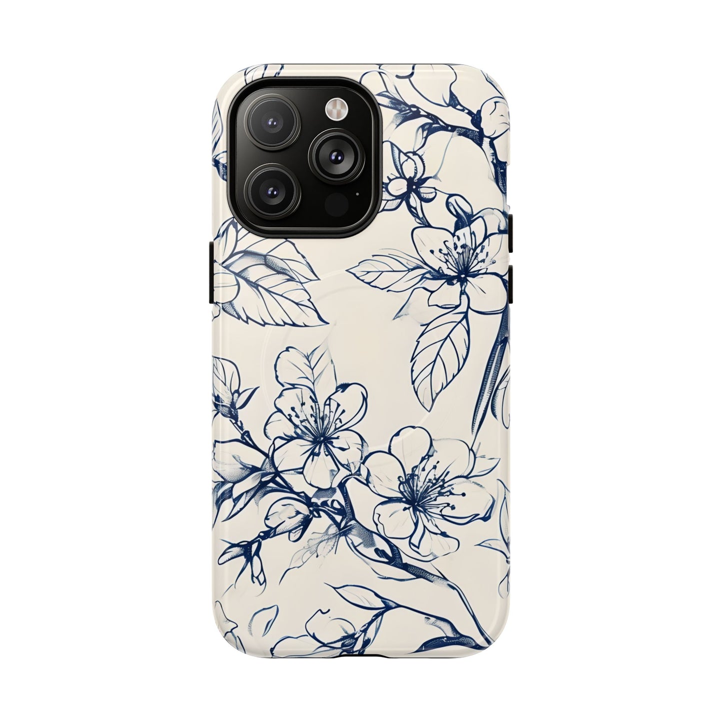 Blossom Sketch floral iPhone 14 Pro Max MagSafe phone case with blue botanical line art flower design