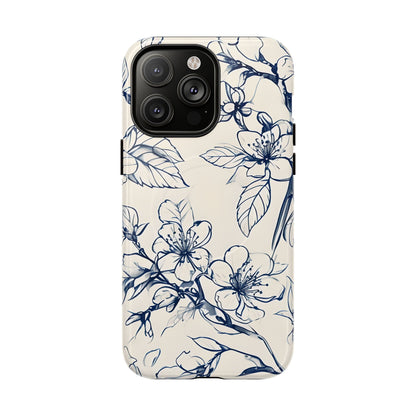 Blossom Sketch floral iPhone 14 Pro Max MagSafe phone case with blue botanical line art flower design