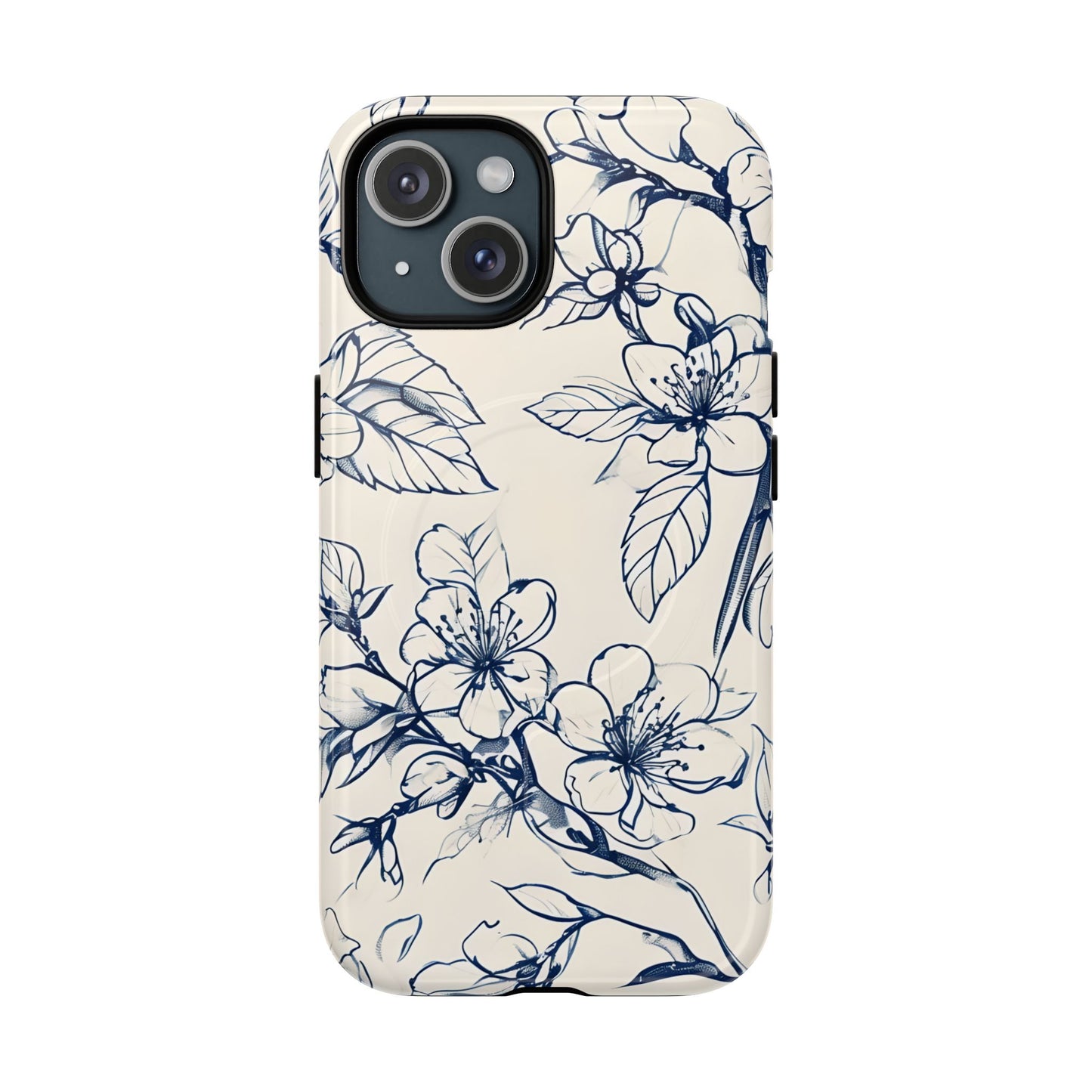 Blossom Sketch floral iPhone 15 MagSafe phone case with blue botanical line art flower design