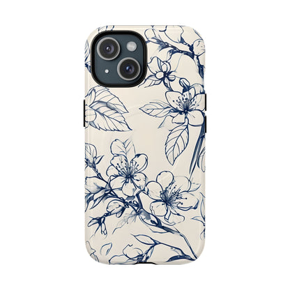 Blossom Sketch floral iPhone 15 MagSafe phone case with blue botanical line art flower design