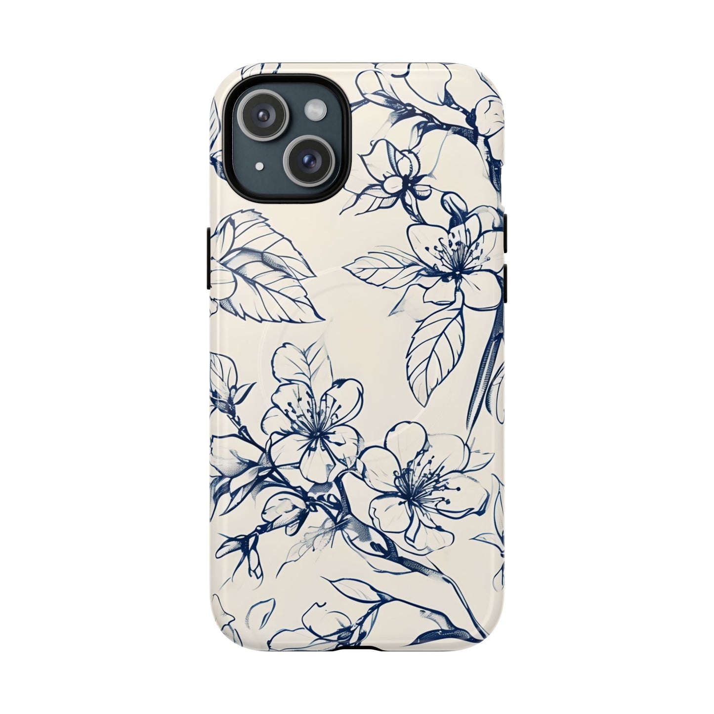 Blossom Sketch floral iPhone 15 Plus MagSafe phone case with blue botanical line art flower design