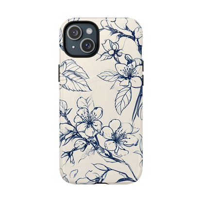 Blossom Sketch floral iPhone 15 Plus MagSafe phone case with blue botanical line art flower design