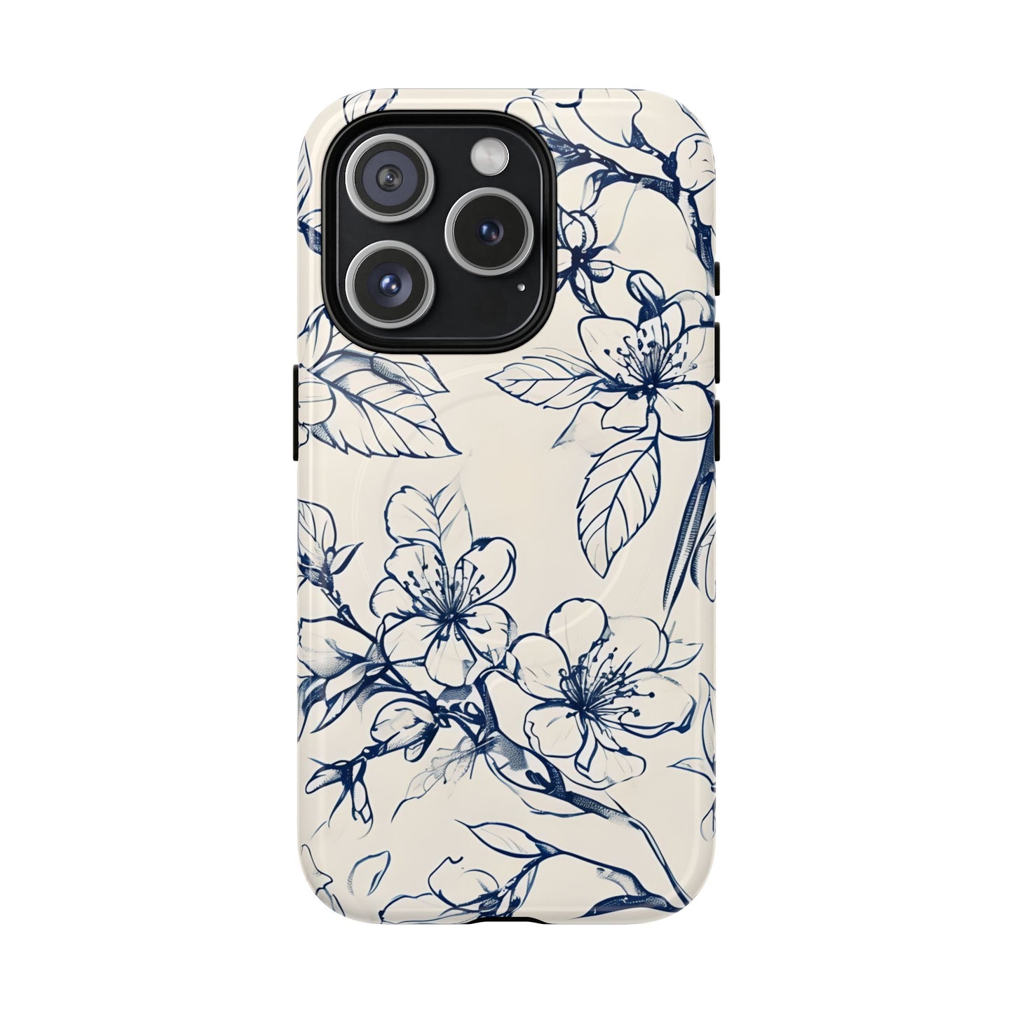 Blossom Sketch floral iPhone 15 Pro MagSafe phone case with blue botanical line art flower design
