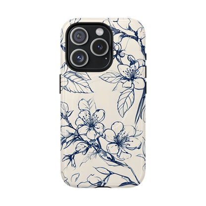 Blossom Sketch floral iPhone 15 Pro MagSafe phone case with blue botanical line art flower design