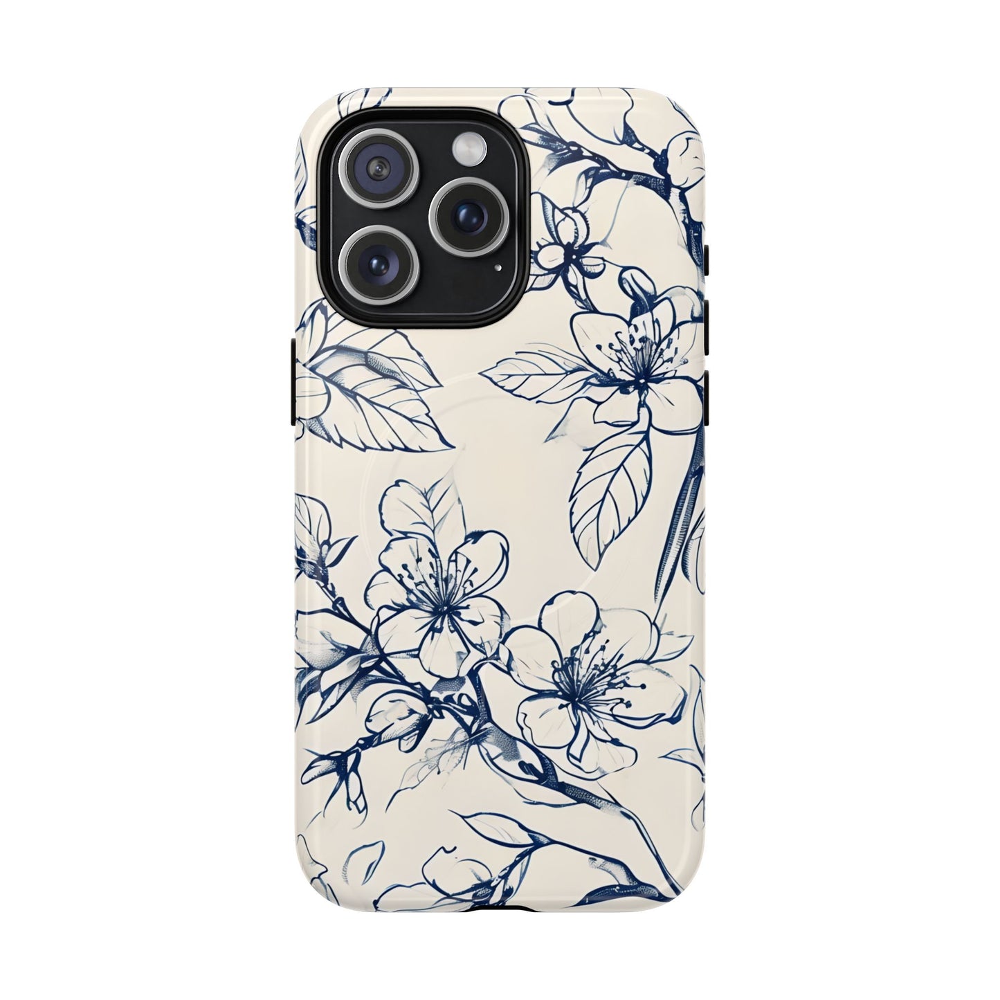 Blossom Sketch floral iPhone 15 Pro Max MagSafe phone case with blue botanical line art flower design