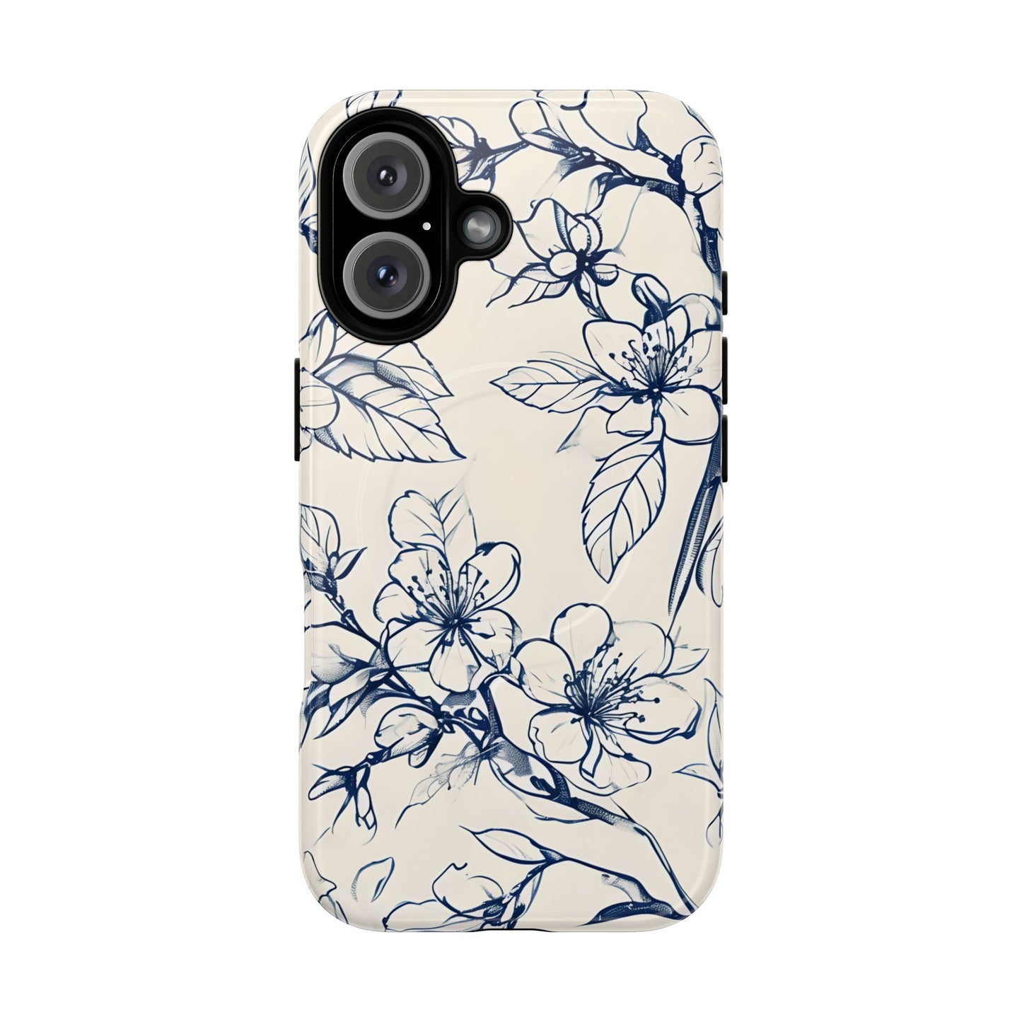 Blossom Sketch floral iPhone 16 MagSafe phone case with blue botanical line art flower design