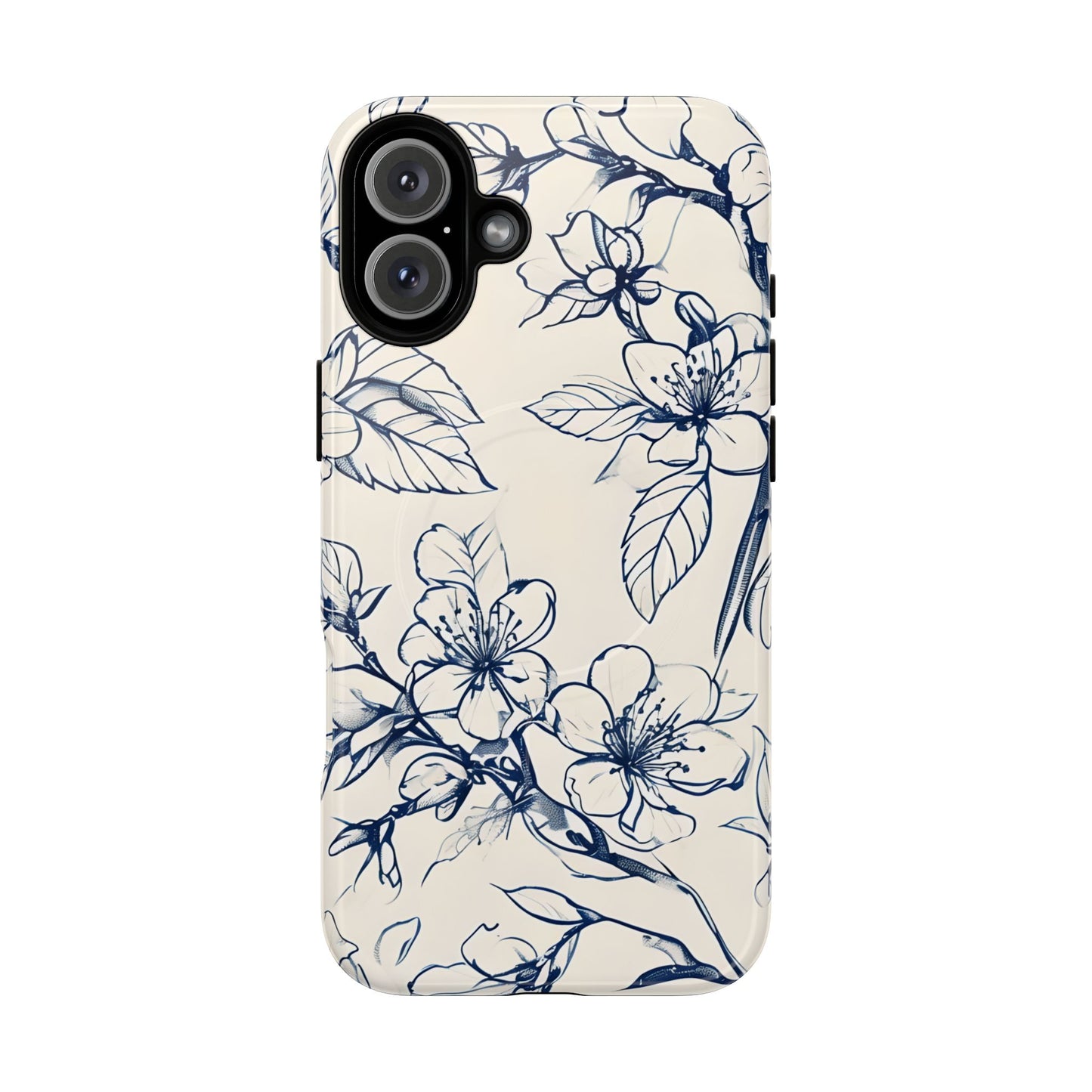 Blossom Sketch floral iPhone 16 Plus MagSafe phone case with blue botanical line art flower design