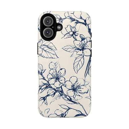 Blossom Sketch floral iPhone 16 Plus MagSafe phone case with blue botanical line art flower design