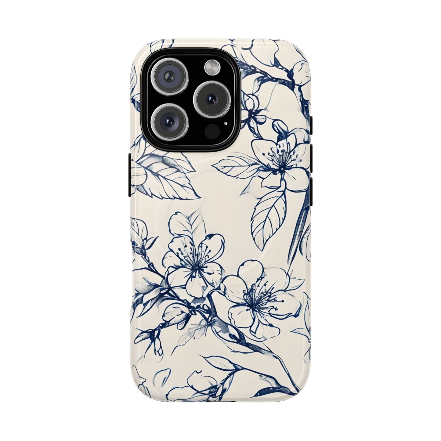 Blossom Sketch floral iPhone 16 Pro MagSafe phone case with blue botanical line art flower design