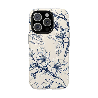 Blossom Sketch floral iPhone 16 Pro MagSafe phone case with blue botanical line art flower design