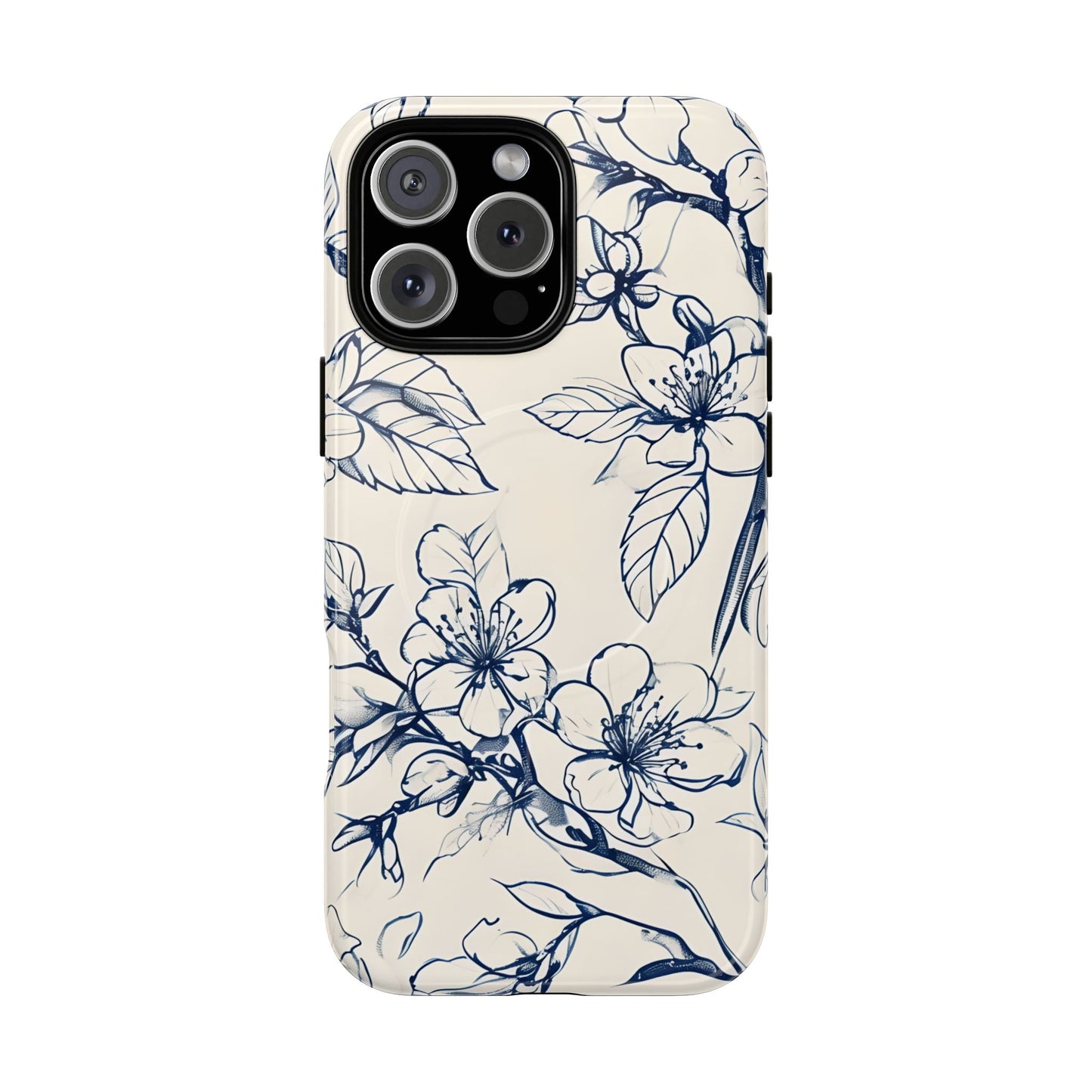 Blossom Sketch floral iPhone 16 Pro Max MagSafe phone case with blue botanical line art flower design