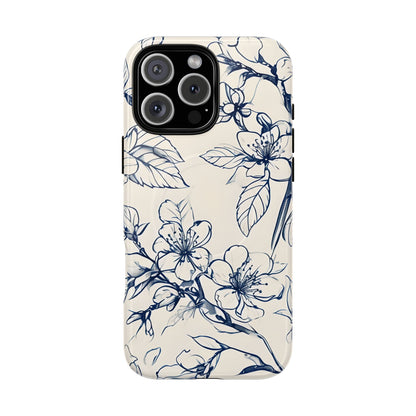 Blossom Sketch floral iPhone 16 Pro Max MagSafe phone case with blue botanical line art flower design
