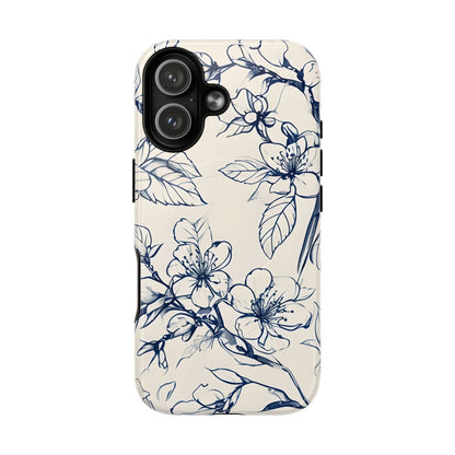 Blossom Sketch floral iPhone 17 MagSafe phone case with blue botanical line art flower design