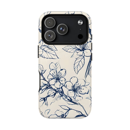 Blossom Sketch floral iPhone 17 Pro MagSafe phone case with blue botanical line art flower design