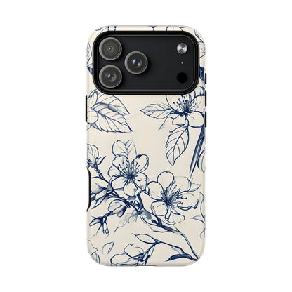 Blossom Sketch floral iPhone 17 Pro Max MagSafe phone case with blue botanical line art flower design