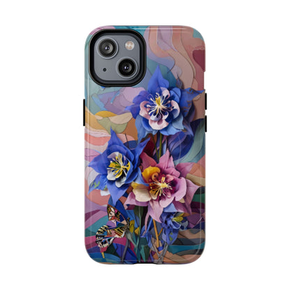 Blue Columbine Carnivale floral iPhone 14 MagSafe case featuring vibrant blue columbine flowers with colorful abstract botanical background.