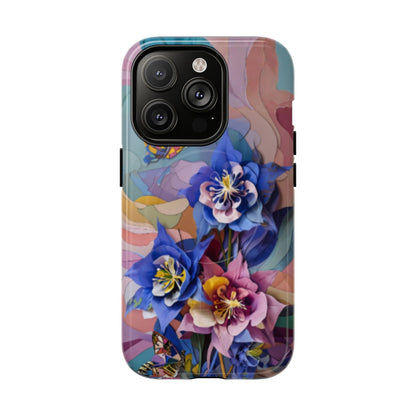Blue Columbine Carnivale floral iPhone 14 Pro MagSafe case featuring vibrant blue columbine flowers with colorful abstract botanical background.