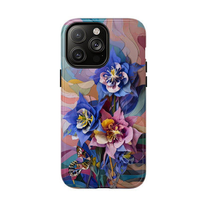 Blue Columbine Carnivale floral iPhone 14 Pro Max MagSafe case featuring vibrant blue columbine flowers with colorful abstract botanical background.