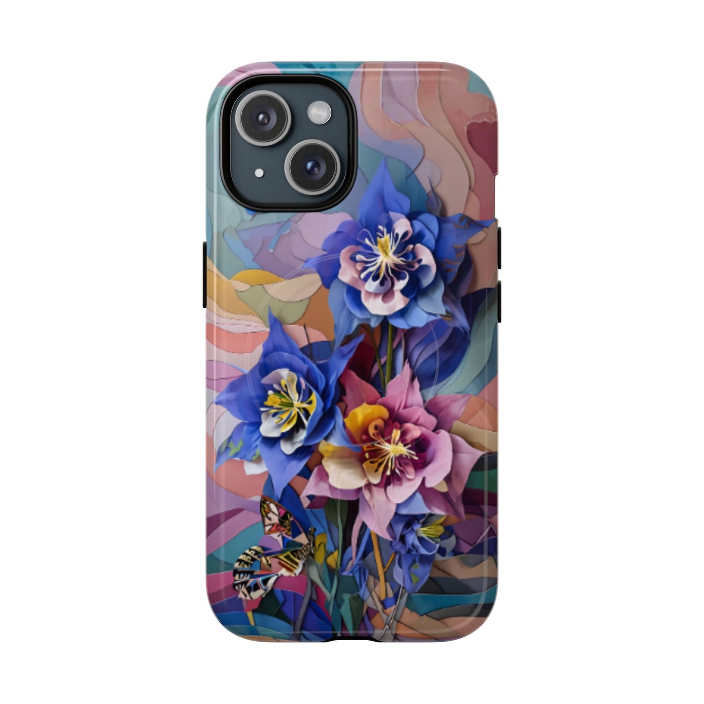 Blue Columbine Carnivale floral iPhone 15 MagSafe case featuring vibrant blue columbine flowers with colorful abstract botanical background.